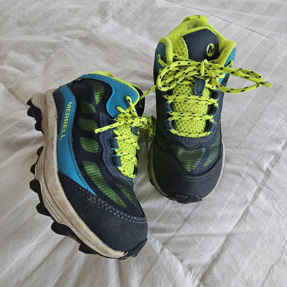Merrell Big Kids' Moab Speed Mid Waterproof Hiking Shoes In Blue And Neon, 12